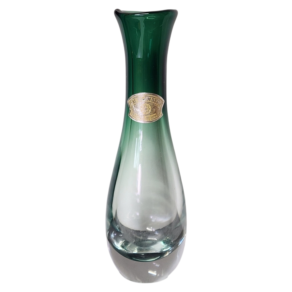 SIGNED Val St Lambert Crystal EMERALD GREEM GRADIENT OMBRE Original Sticker 9.5"